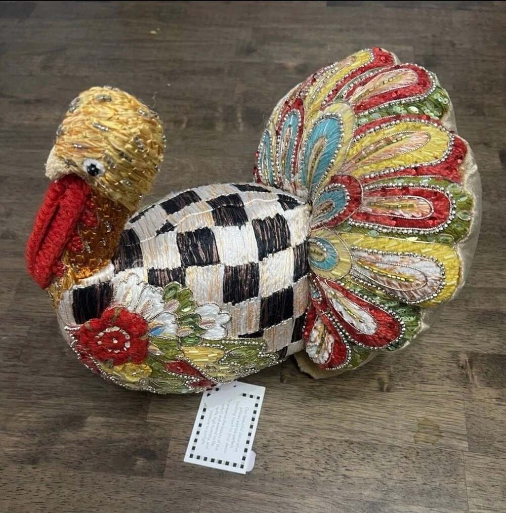 MacKenzie-Childs Aurora Turkey Shaped Pillow Beaded Thanksgiving Decor